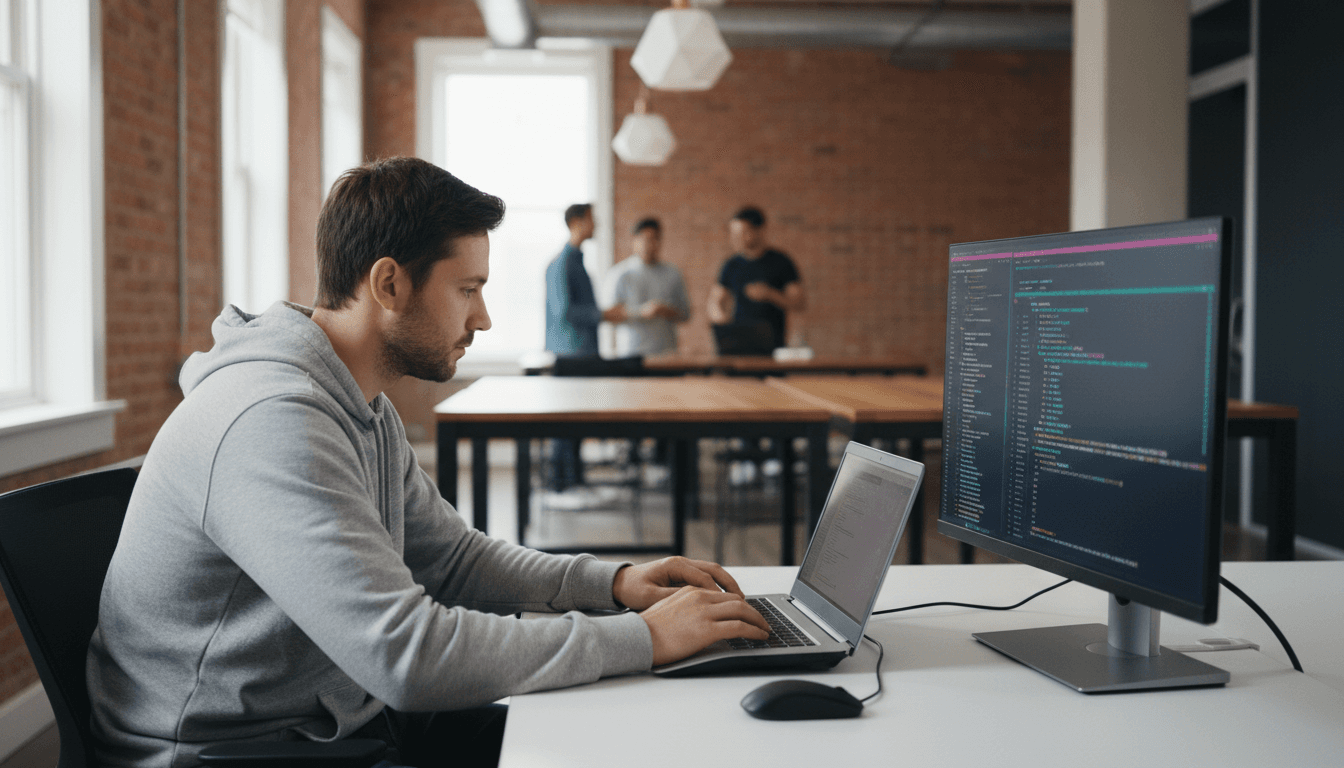 Software developer working on laptop in modern creative office with warm lighting